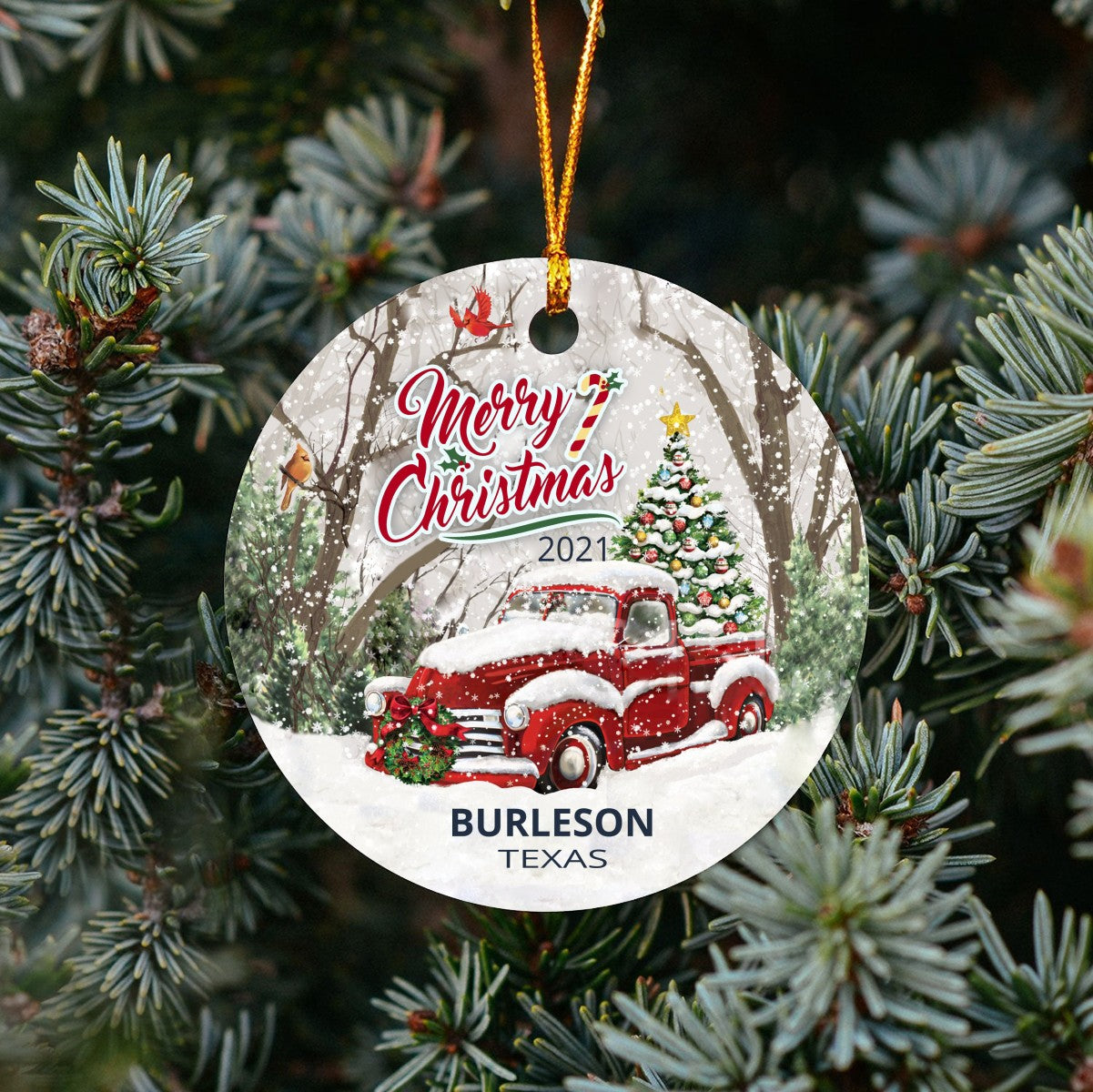 Christmas Tree Ornaments Burleson - Ornament Customize With Name City And State Burleson Texas TX - Red Truck Xmas Ornaments 3'' Plastic Gift For Family, Friend And Housewarming